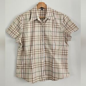 Authentic Burberry Beige Plaid Women Casual Button Down Short Sleeve Shirt Sz L